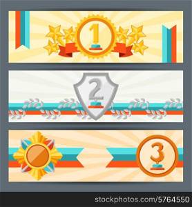 Horizontal banners with trophies and awards.