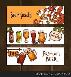 Horizontal beer banners sketch set with snacks jugs bottles and pub sign isolated vector illustration. Horizontal beer banners