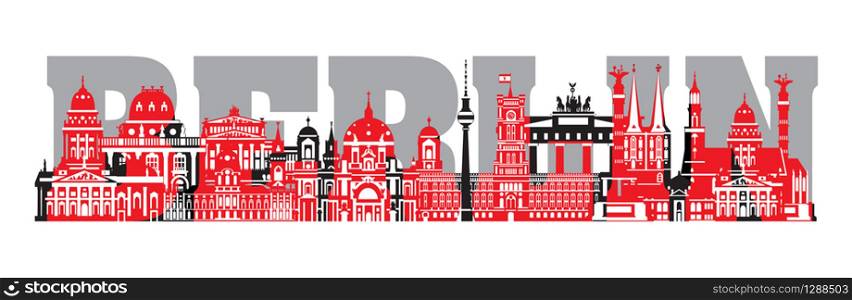 Horizontal Berlin travel lettering with architectural landmarks. Worldwide traveling concept. Panoramic illustration of landmarks of Berlin. German tourism and journey vector background. Stock illustration