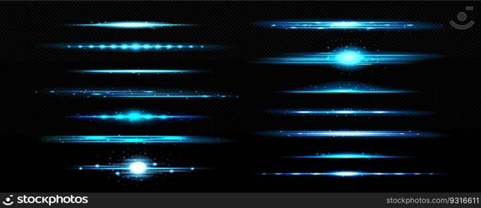 Horizontal blue sparkle light glow line divider vector. Transparent flare beam effect with neon laser explosion. Isolated bright speed energy motion shiny overlay with glitter and blur collection.. Horizontal blue sparkle light glow line divider