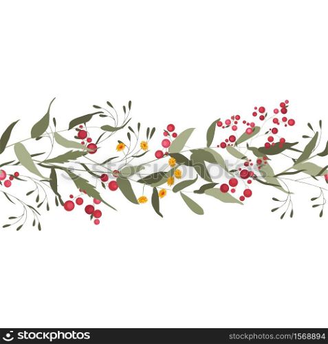 Horizontal border seamless of flowers and herbs, red berries in watercolor style on white background. Beautiful floral wedding invitation card template. Vector hand drawn element for print design.