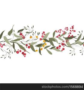Horizontal border seamless of flowers and herbs, red berries in watercolor style on white background. Beautiful floral wedding invitation card template. Vector hand drawn element for print design.
