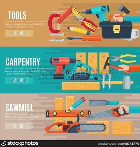 Horizontal Carpentry Banners With Tools Kit. Horizontal carpentry flat banners set of woodworker tools kit and sawmill equipment vector illustration