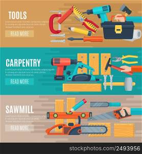 Horizontal carpentry flat banners set of woodworker tools kit and sawmill equipment vector illustration . Horizontal Carpentry Banners With Tools Kit