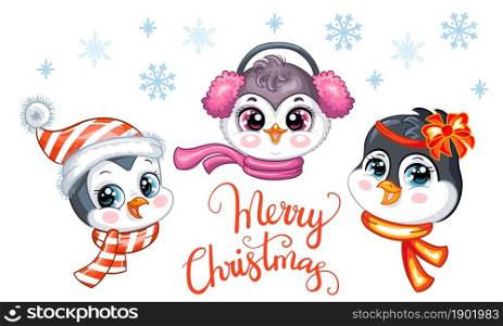 Horizontal christmas card with heads of cute penguins in christmas hats, snowflakes and lettering on white background. Vector illustration. For party, print, design, decor, dishes and kids apparel. Christmas card with cute penguins heads and lettering