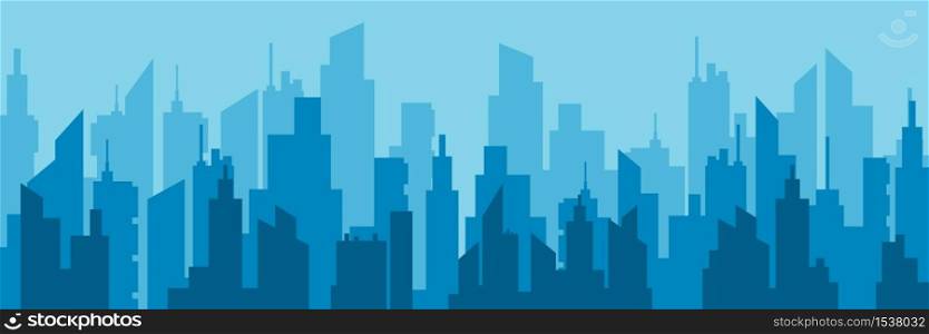 Horizontal city skyline vector flat illustration. Urban architecture cityscape with high modern building construction graphic design. Panorama of skyscraper downtown. Horizontal city skyline vector flat illustration. Urban architecture cityscape