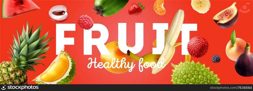 Horizontal colored and realistic fruits horizontal poster with fruit levitation and big headline vector illustration