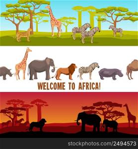 Horizontal colorful African animals with trees banners set isolated vector illustration. Horizontal African animals banners set