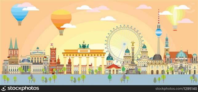 Horizontal colorful Berlin travel flat illustration with architectural landmarks in sunrise time. Panoramic front view Berlin traveling concept. Stock illustration