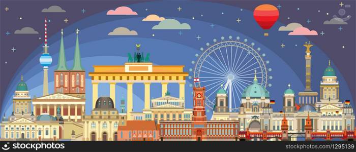 Horizontal colorful Berlin travel illustration with architectural landmarks in twilight time. Front view Berlin traveling concept. Panoramic flat illustration of Berlin. Stock illustration