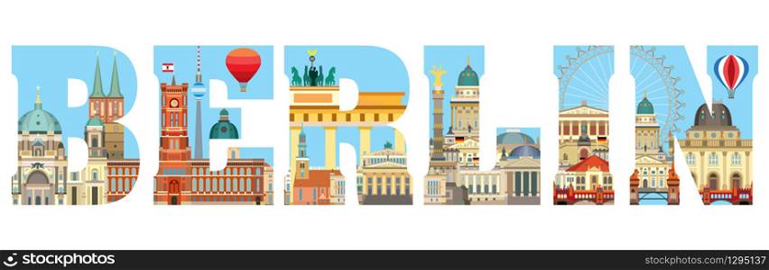 Horizontal colorful Berlin travel lettering with architectural landmarks. Front view Berlin traveling concept. Panoramic flat illustration of Berlin. German tourism and journey vector background. Stock illustration