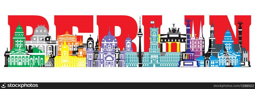 Horizontal colorful Berlin travel lettering with architectural landmarks. Worldwide traveling concept. Panoramic illustration of landmarks of Berlin. German tourism and journey vector background. Stock illustration