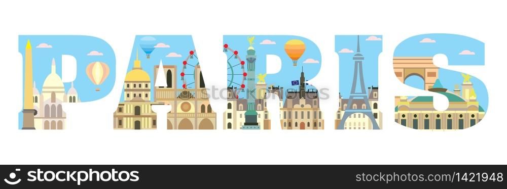 Horizontal colorful London travel lettering with architectural landmarks. Front view London traveling concept. Vector flat illustration, English tourism and journey background.