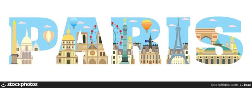 Horizontal colorful London travel lettering with architectural landmarks. Front view London traveling concept. Vector flat illustration, English tourism and journey background.