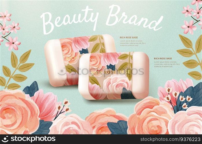Horizontal cosmetics ad template combined with realistic rose soap mock-up and watercolor hand drawn floral background, inspired by the concept of simple natural skincare, 3D illustration. Ad template for cosmetic product