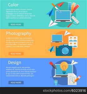 Horizontal Design Banners. Design development flat horizontal banners with set of icons for photography and creative design processes vector illustration
