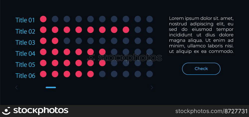 Horizontal dot chart UI element template. Editable isolated vector dashboard component. Flat user interface. Visual data presentation. Web design widget for mobile application with dark theme. Horizontal dot chart UI element template