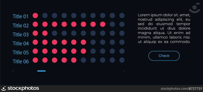Horizontal dot chart UI element template. Editable isolated vector dashboard component. Flat user interface. Visual data presentation. Web design widget for mobile application with dark theme. Horizontal dot chart UI element template