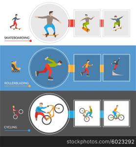 Horizontal Extreme City Sports Banners. Horizontal banners on theme extreme city sports with rollers cyclists skateboarders icons set vector illustration