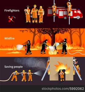 Horizontal Firefighter People Banners Set. horizontal Firefighter people banners with firefighters alerting wildfire and brigade extinguishing flames in residential house flat vector illustration