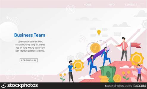 Horizontal Flat Banner Business Team Financiers. Vector Illustration on Lilac Background. Men in Suits Carry Gold Bars and Gold Coins Top Mountain. Flowers Grow Bud in Shape Golden Coin.