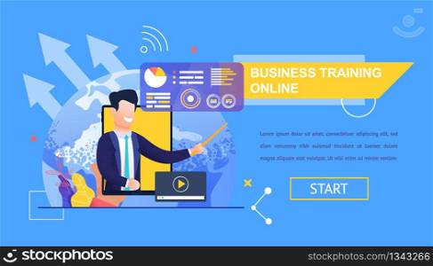 Horizontal Flat Banner Business Training Online. Vector Illustration on Blue Background. Young Smiling Man in Suit against Background Tablet with Yellow Screen Holds Training Presentation.