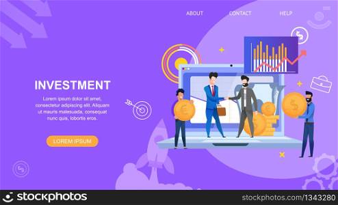 Horizontal Flat Banner Investment. Vector Illustration People in Suit make Contract for Project. Young Guy Holds Coin in Hands. Men Shake Hands on Background Laptop and Money. Graph Red Up Arrow