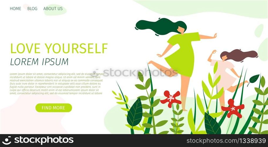 Horizontal Flat Banner Love Yourself Every Day. Vector Illustration on Background Blue Clouds. Young Woman in Short Light Green Dress is Dancing With Girl in Pink Dress in Clearing With Flowers.