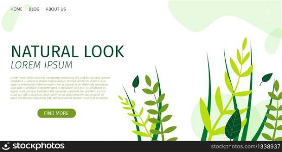 Horizontal Flat Banner Natural Look Beauty. Vector Illustration on Background Blue Clouds. In Foreground is an Juicy Ornament Leaves and Lush Grass. Fantastic Beauty Natural Plants.
