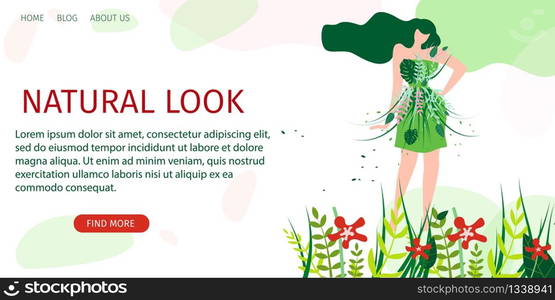 Horizontal Flat Banner Natural Look Fashion Show. Vector Illustration on Background Blue Clouds. Happy Young Woman in Short Green Dress Adorned with Flowers and Leaves is Standing on Meadow.