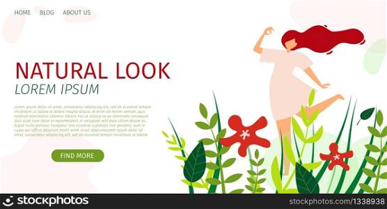 Horizontal Flat Banner Natural Look Trend Season. Vector Illustration on White Background. Young Beautiful Girl in Trendy Short Pink Dress Running Through Grass on Colorful Meadow.