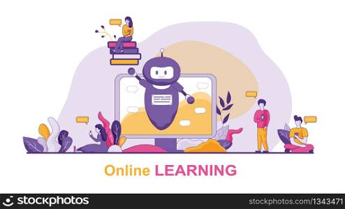 Horizontal Flat Banner Online Learning Chat Bot. Vector Illustration on Color Background. Artificial Intelligence on Background Computer Screen. Men and Women are Trained using Speech Chat Bot.