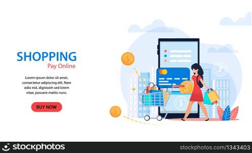 Horizontal Flat Banner Shopping Pay Online White Background. Vector Illustration. Happy Girl in Red Dress Rolls Cart from Supermarket Full Purchases against Background Smartphone and Credit Card.