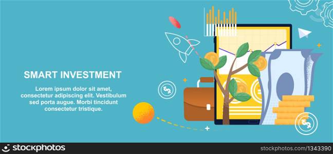 Horizontal Flat Banner Smart Investment Business. Vector Illustration. In Foreground is Green Tree with Fruits in Form Gold Coins with Dollar Sign. Tablet with Chart Financial Profits.