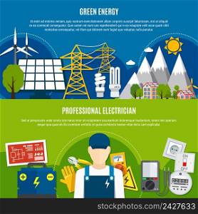 Horizontal flat banners with clean energy and professional electrician on blue and green background isolated vector illustration . Electrician And Clean Energy Flat Banners