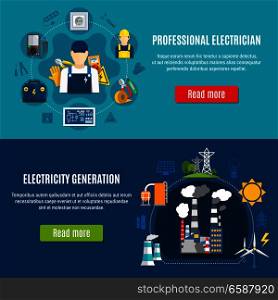 Horizontal flat banners with electrician with professional equipment and electricity generation on blue background isolated vector illustration. Electricity Horizontal Banners