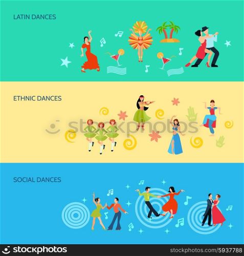 Horizontal Flat dance Style Banners. Horizontal flat style banners with latin ethnic and social dances isolated vector illustration
