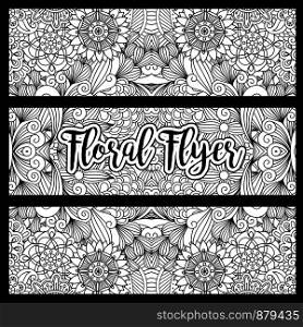 Horizontal floral flyer with handdrawn pattern. Vector illustration. Horizontal floral flyer with handdrawn pattern