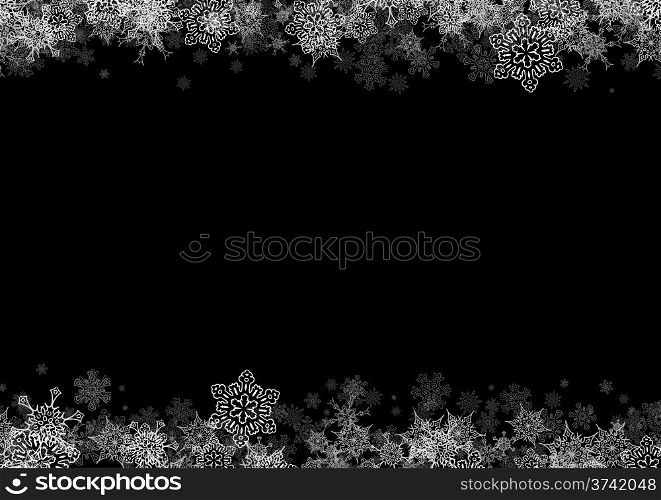 Horizontal frame with drawn snowflakes layered on top and bottom