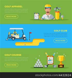 Horizontal Golf Banners. Horizontal green and blue golf club banners with golf car course hole and apparel flat vector illustration