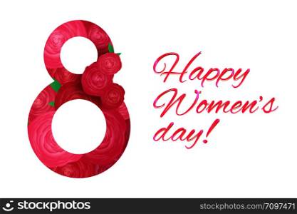 Horizontal greeting card 8 march - womens day with pink rose flowers on white background. Number 8 made of flowers. Vector card for your design.. Horizontal greeting card 8 march - womens day with pink rose flowers on white background. Number 8 made of flowers.