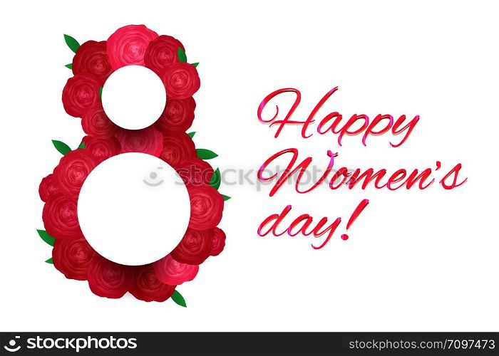 Horizontal greeting card 8 march - womens day with pink rose flowers on white background. Number 8 made of flowers. Vector card for your design.. Horizontal greeting card 8 march - womens day with pink rose flowers on white background. Number 8 made of flowers.