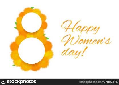 Horizontal greeting card 8 march - womens day with yellow dandelion and green leaves on white background. Number 8 made of flowers. Vector card for your design.. Horizontal greeting card 8 march - womens day with yellow dandelion and green leaves on white background. Number 8 made of flowers.