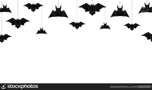 Horizontal greeting card with hanging origami bats. Festive 3d garland. Halloween invitation card. Vector template for banners, cards and your design.. Horizontal greeting card with hanging origami bats. Festive 3d garland. Halloween invitation card. Vector template