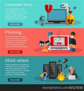 Horizontal Hacker Banners Set. Horizontal hacker banners set with icons of DDOS attacks on computer systems phishing and computer viruses vector illustration