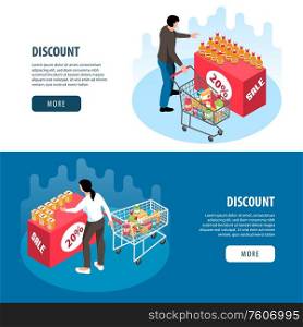 Horizontal isometric banners set with people buying products at discount at supermarket 3d isolated vector illustration