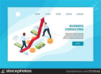 Horizontal isometric concept banner with two businessmen consulting and helping each other 3d vector illustration