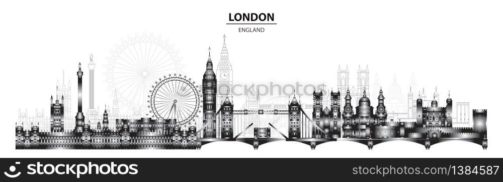 Horizontal London skyline illustration. London city landmarks tourism and journey travel illustration. Gradient vector background. Worldwide traveling concept. Stock illustration