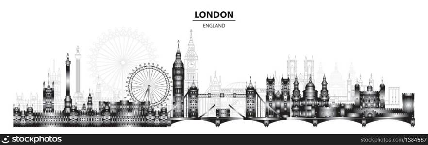 Horizontal London skyline illustration. London city landmarks tourism and journey travel illustration. Gradient vector background. Worldwide traveling concept. Stock illustration