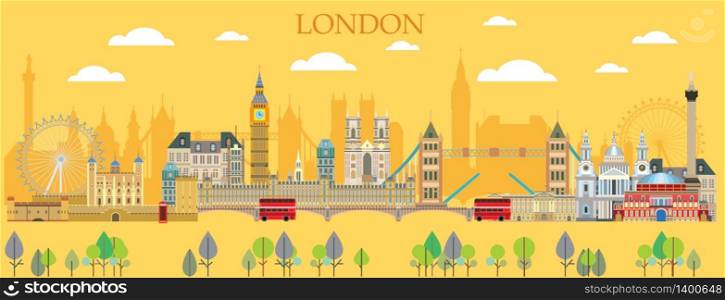Horizontal London travel colorful illustration with architectural landmarks. Panoramic flat illustration, English tourism and journey vector background. Front view London traveling concept.